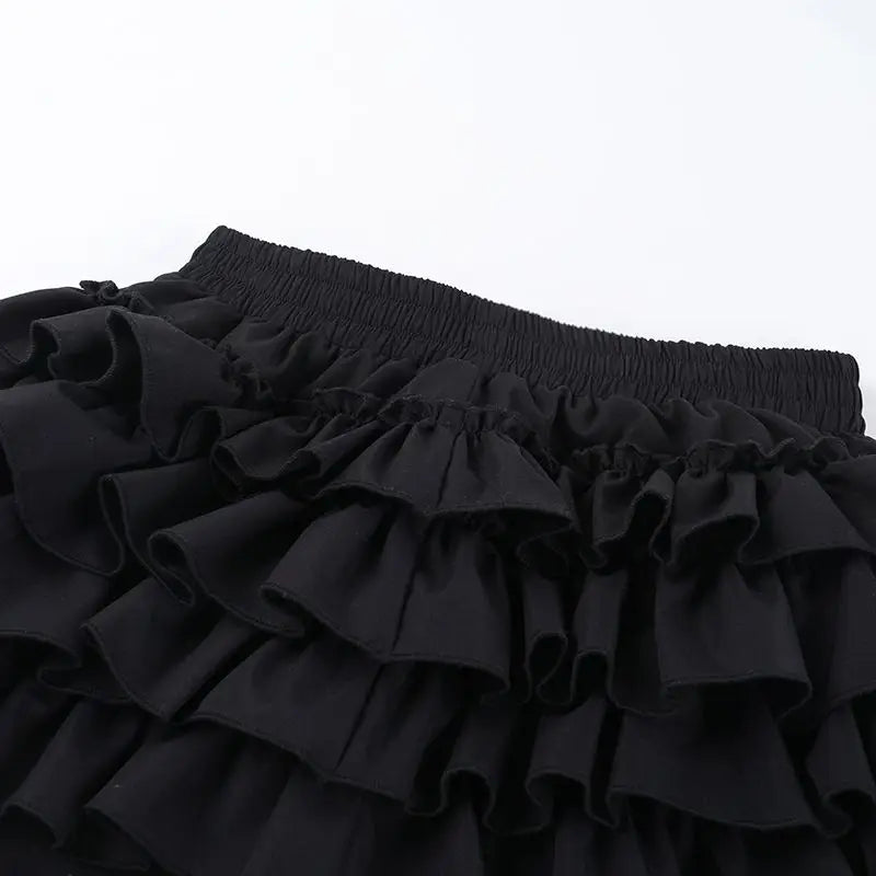 2026 Summer New Arrival Hot Girl Trendy Versatile Mini Skirt Dark Cross DesignTiered Cake Black Fluffy Skirts