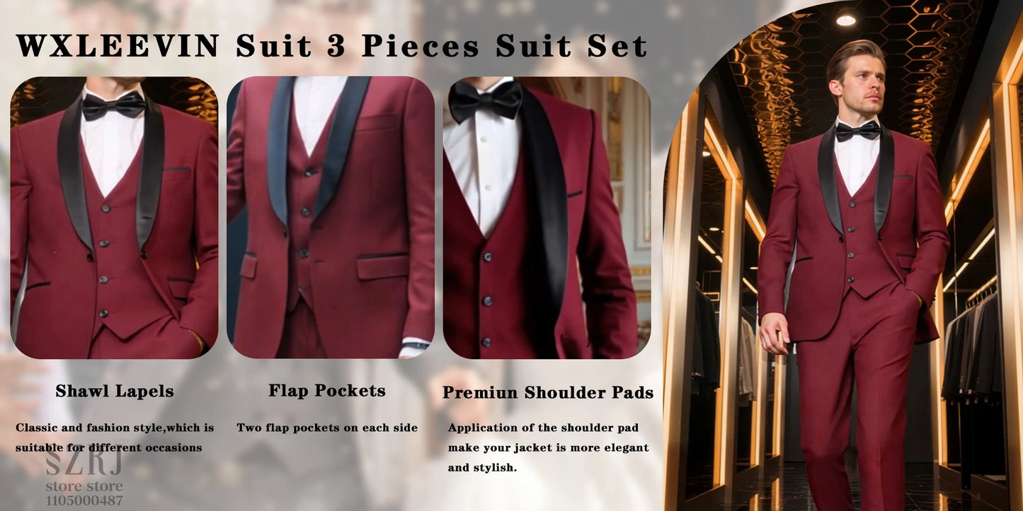 4pcs Men's Tuxedo Set:Classic Lapel Blazer,Vest,Pants&Tie High-Quality,Adjustable Waist.For Parties,Weddings, Proms. Comfy Fit.