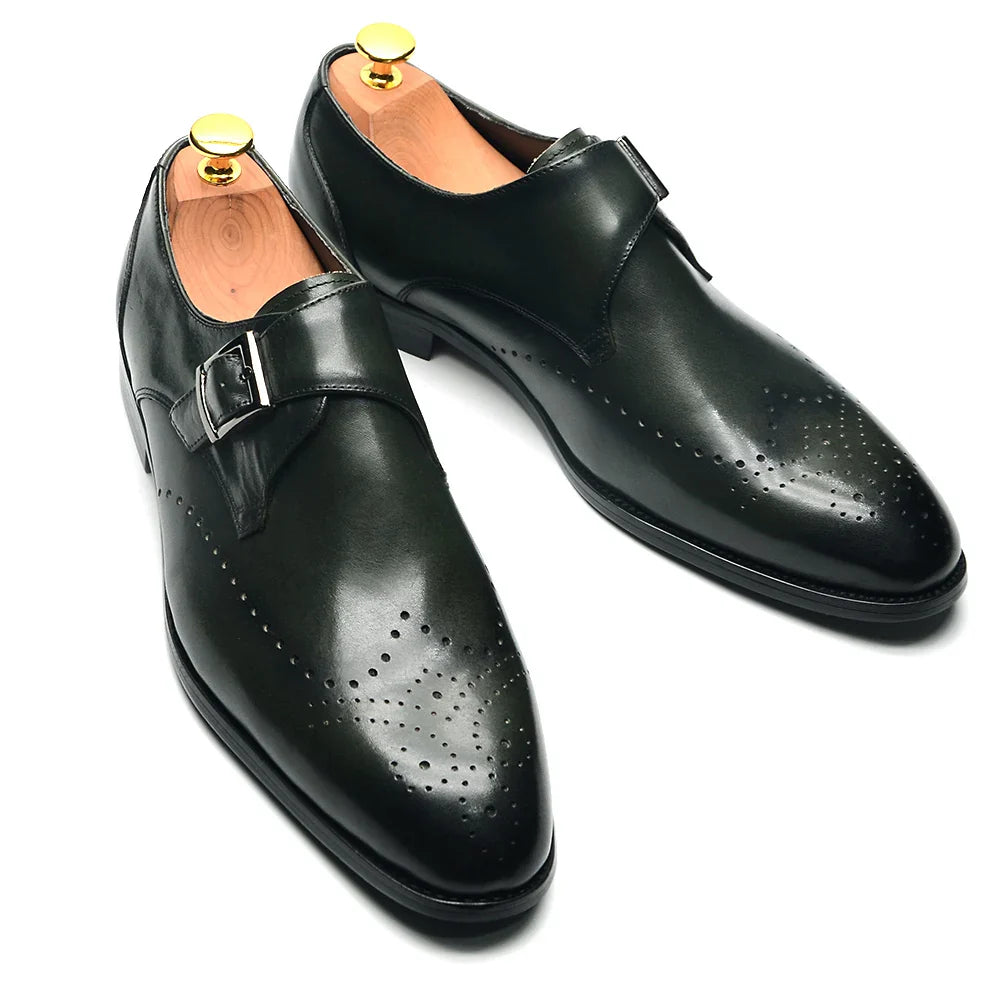 Elegant Men's Monk Strap Dress Shoes Genuine Leather Single Buckle Green Black Loafer Brogue for Party Wedding Formal Occasions