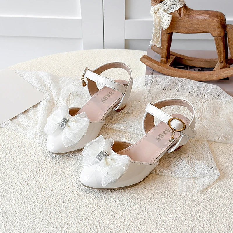 Girls Sandals Fashion Bow Girls High Heels Pink Kid Non-slip Princess Performance Shoes 3-18 Years Old Children's Leather Shoes