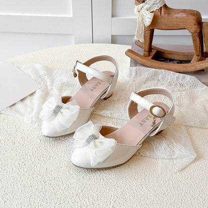 Girls Sandals Fashion Bow Girls High Heels Pink Kid Non-slip Princess Performance Shoes 3-18 Years Old Children's Leather Shoes