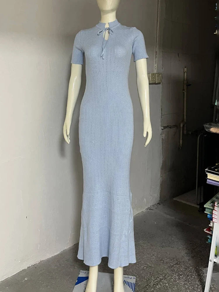 Long Dress Female Short Sleeve Slim Hollow Retro Elegant Sweater Dress 2025 Summer High Waist Woman Dress