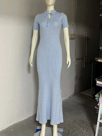 Long Dress Female Short Sleeve Slim Hollow Retro Elegant Sweater Dress 2025 Summer High Waist Woman Dress