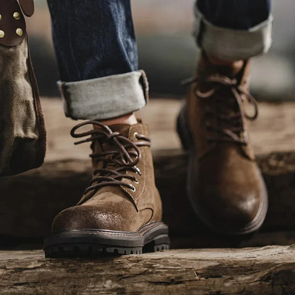 Men's Vintage Split Suede Boots Brown High-Top Work Boots Lace-Up Desert Ankle Rugged Sole Boots Outdoor Winter Fall Shoes