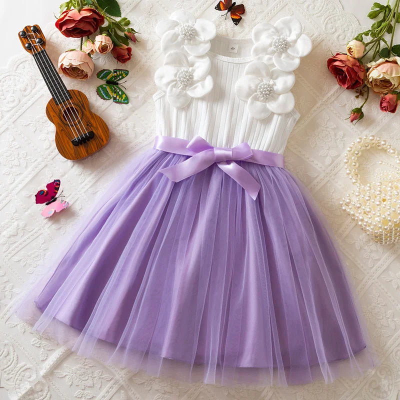 Vestido de Aniversário Infantil Menina Sem Mangas Elegante Flor 3D Tule Princesa Vestido de Verão 3-7 Anos Malha Doce Roupa Presente de Aniversário