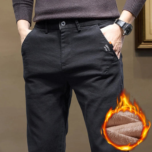 Fleece Men's Casual Pants 2025 Winter New Soft Fashion Business Velvet Slim Trousers Stretch Thick Classic Plush Male Pants