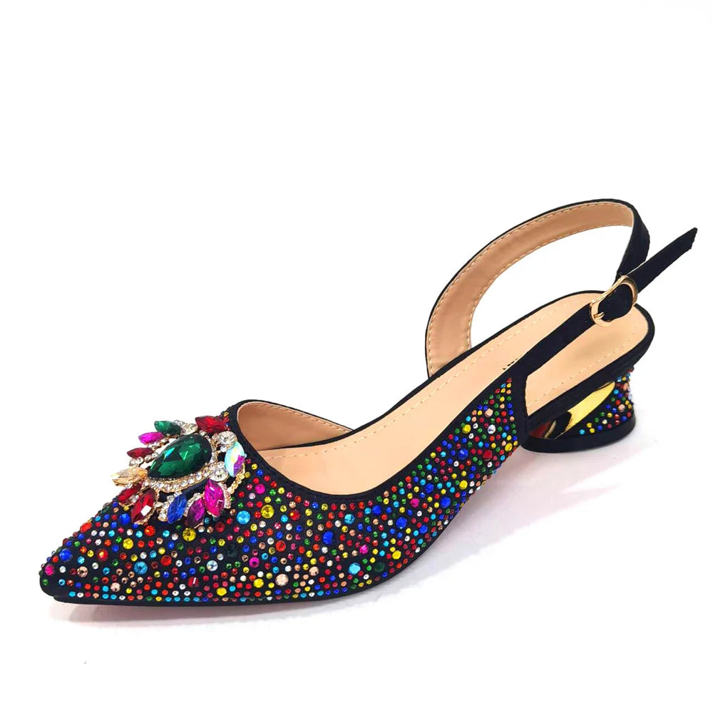 Sandálias Azul Royal Femininas Scarpin de Luxo Salto Médio Design de Strass Sapatos e Bolsas para Festa