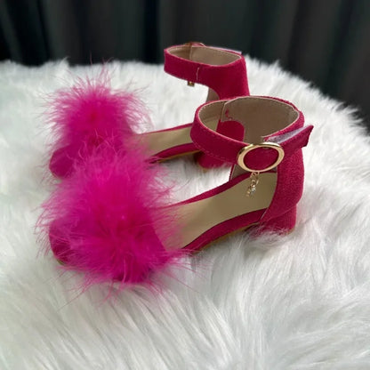Toddler Girls Sandals Summer Low-heels Children's Sandals Open-toe Princess Fluffy New Versatile Kids Fashion Ankle-strap Shoes