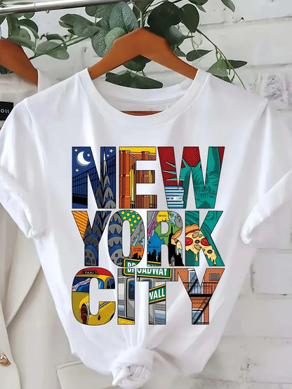 Women's short-sleeved crew neck T-shirt, casual style, New York City print, summer style.Summer Streetwear graphic t shirts Y2K