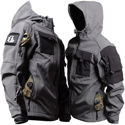Mens Thicken Tactical Set Windproof Waterproof Outdoor Suit Soft Shell Multi-Pocket Hooded Jackets+Fleece Work Pants 2-piece