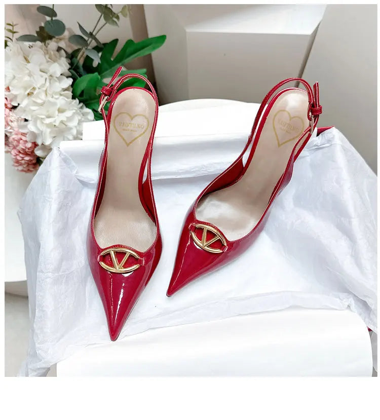 Thin heeled Baotou sandals for women's summer 2026 new style, pointed back strap, metal buckle, versatile high-heeled sandals