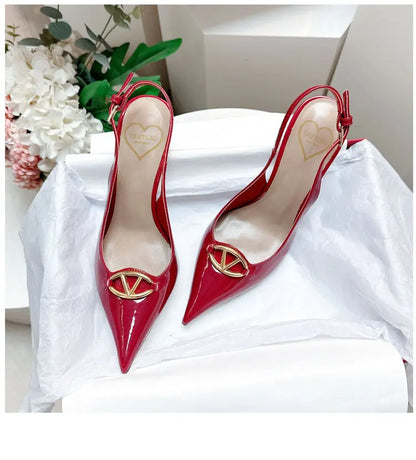 Thin heeled Baotou sandals for women's summer 2026 new style, pointed back strap, metal buckle, versatile high-heeled sandals