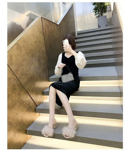 2023 Fluffy Peep Toe Sexy High Heels Women Shoes Fur Feather Lady Fashion Wedding Slip-On Pink Square Toe Women Sandals