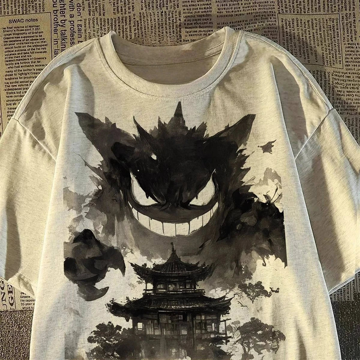 Gengar Printing Tee Pure Cotton T-shirt Men's 2026 Summer Fashion Oversize Street Casual Y2K Tops Streetwear Clothing