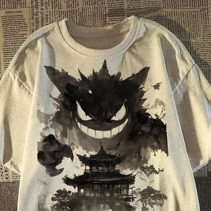 Gengar Printing Tee Pure Cotton T-shirt Men's 2026 Summer Fashion Oversize Street Casual Y2K Tops Streetwear Clothing