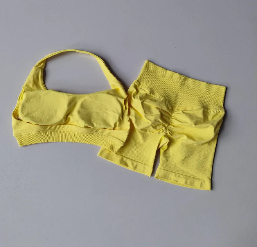 2pcs Sexy Halter Neck Beautiful Back High Waist Peach Sports Bras Set Suit Pilates Gathering Training Yoga Vest Fitness Bra