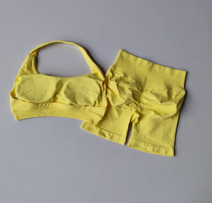 2pcs Sexy Halter Neck Beautiful Back High Waist Peach Sports Bras Set Suit Pilates Gathering Training Yoga Vest Fitness Bra