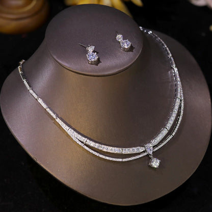High Quality Cubic Zirconia Bridal Wedding Jewelry Water Drop Pedant Necklace 2PCS Set Lady Party Accessories X0654