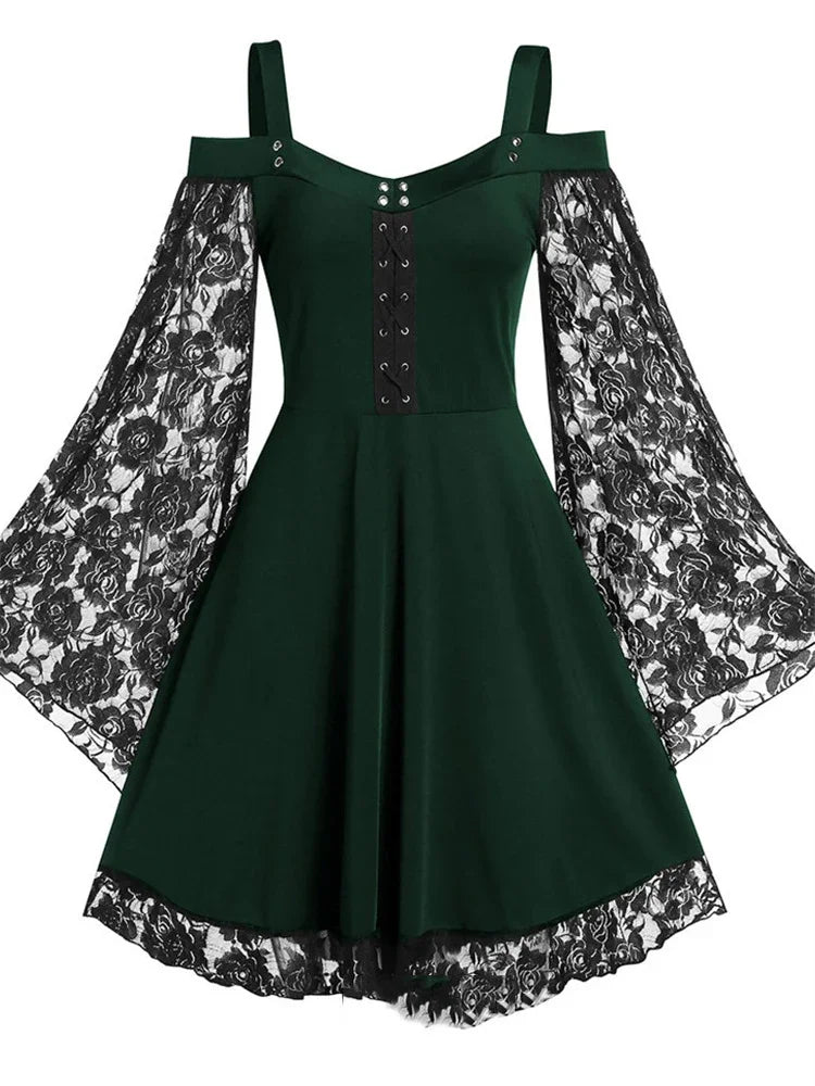 One-shoulder Lace Stitching Flared Sleeve Dress Literary Vintage Autumn Grunge Black A-line Dress Punk Partywear