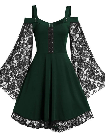 One-shoulder Lace Stitching Flared Sleeve Dress Literary Vintage Autumn Grunge Black A-line Dress Punk Partywear