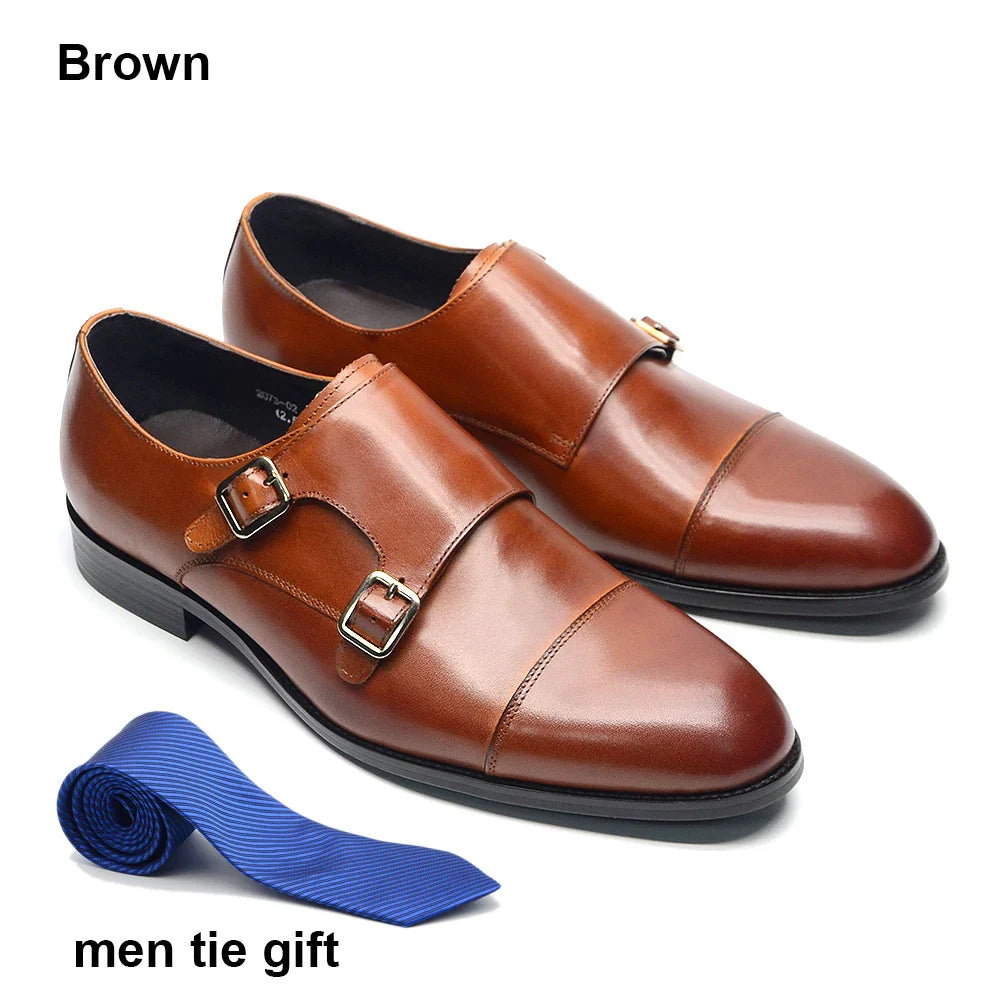 Luxury Men's Wedding Formal Shoes Genuine Leather Pure Brown Black Double Buckle Monk Strap Cap Toe Business Office Dress Shoes