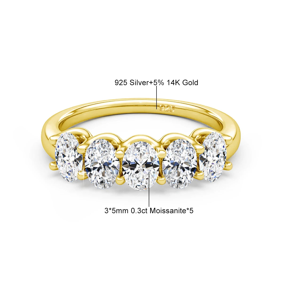 14K Yellow Gold Engagement Ring GRA Certified Moissanite Row Band 5 Stone 1.5ctw 100% Authentic for Women Wedding Jewelry