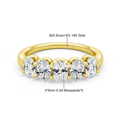 14K Yellow Gold Engagement Ring GRA Certified Moissanite Row Band 5 Stone 1.5ctw 100% Authentic for Women Wedding Jewelry