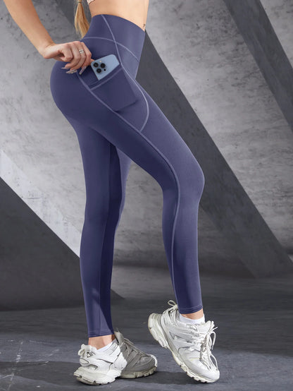 New High Waist Women's Leggings Stretch Yoga Pants Tights With Pockets Push Up Fitness Running Sportswear Solid Color Pants