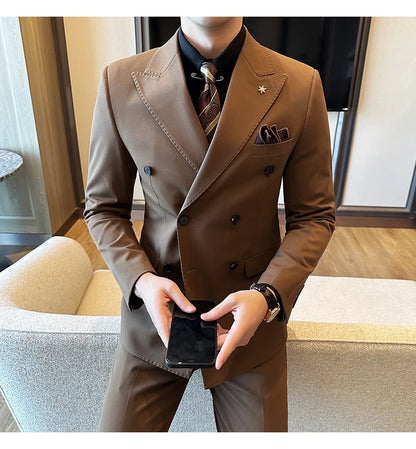 (Jackets+Pants) Luxury Double Breasted Design Slim Fit Suit High Quality Fashion Men's Wedding Social Suit Tuxedo 2 Piece Set
