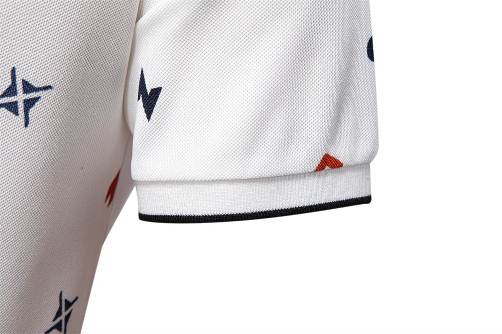 ‌2025 Summer New Men's Solid Color Polo Shirt with Printed Turn-Down Collar Casual Slim Fit Breathable Comfortable Top‌