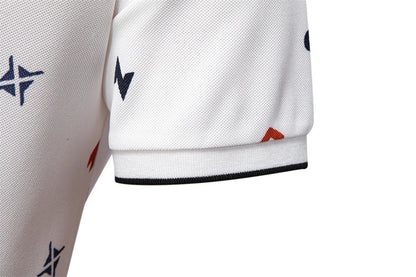 ‌2025 Summer New Men's Solid Color Polo Shirt with Printed Turn-Down Collar Casual Slim Fit Breathable Comfortable Top‌