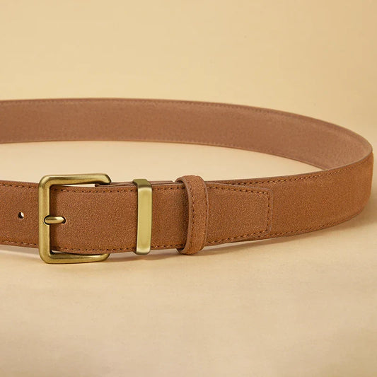 Luxury Suede Cowhide Leather Belt for Women, Vintage Style with Gold Buckle, 3.5cm Wide Waistband for Dresses & Jeans