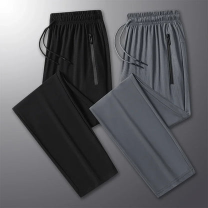 New High-quality Ice Silk Men Casual Straight Leg Pants Two-piece Set For Summer Lightweight Breathable Outdoor Sports Leggings