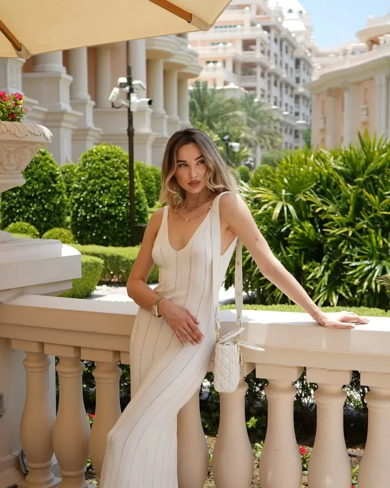 Backless Dress For Women V Neck Slim Sleeveless Suspender Maxi Dress Vacation Sexy Beach Knitted Elegant Long Dress