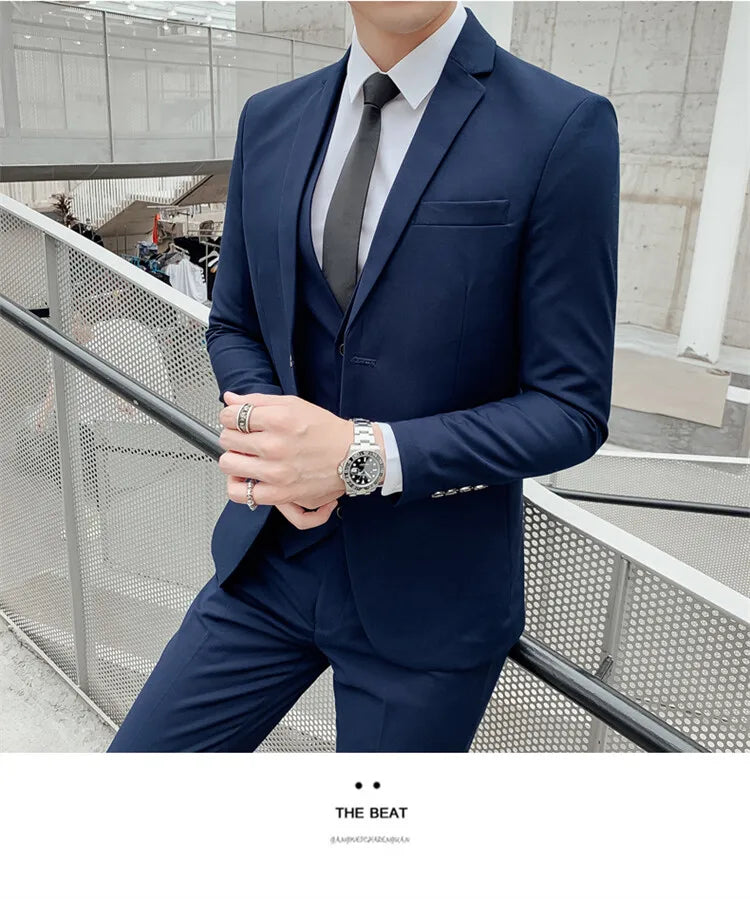 Solid Color Suit Men's Fashionable Gentleman Business Banquet Korean-style Formal Dress Casual Wedding (Blazer+Vest+Trousers)