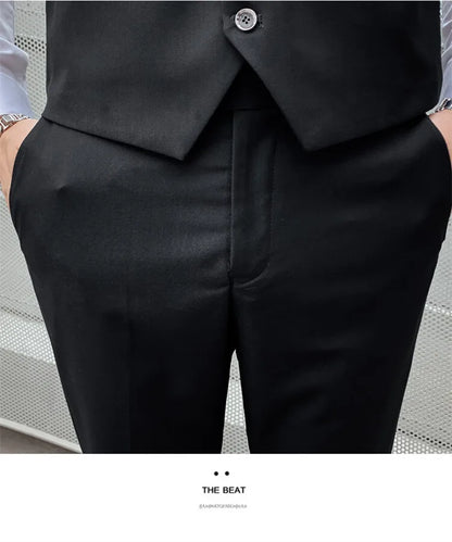 Solid Color Suit Men's Fashionable Gentleman Business Banquet Korean-style Formal Dress Casual Wedding (Blazer+Vest+Trousers)