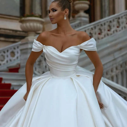 Dresses 2023 Off Shoulder Sweep Train Bride Dress Lace Up Back Satin Wedding Evening Gown Vestido De Novia