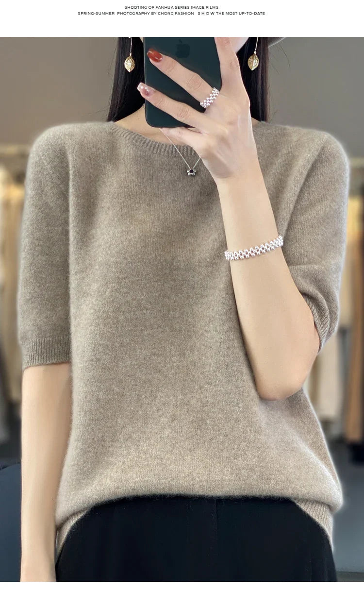 100% pure wool T-shirt spring and summer new women's O-neck pullover short sleeve loose five-sleeve sweater high-end top