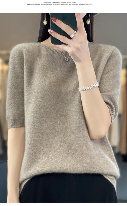 100% pure wool T-shirt spring and summer new women's O-neck pullover short sleeve loose five-sleeve sweater high-end top