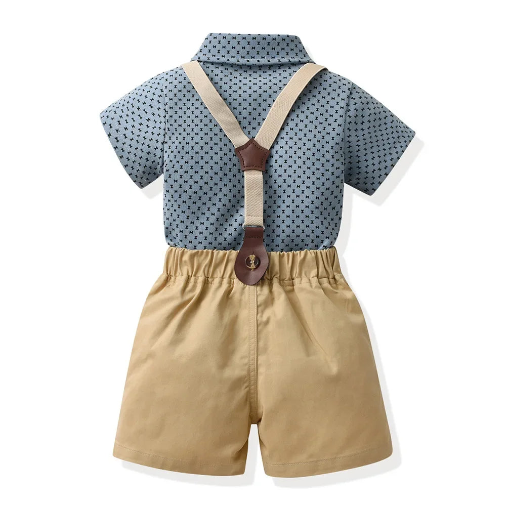 Children Formal Clothing Summer Comfortable Two Piece Set Kid Short Sleeve Shirt Bow Tie Suspenders Shorts Boy Elegant Outfit