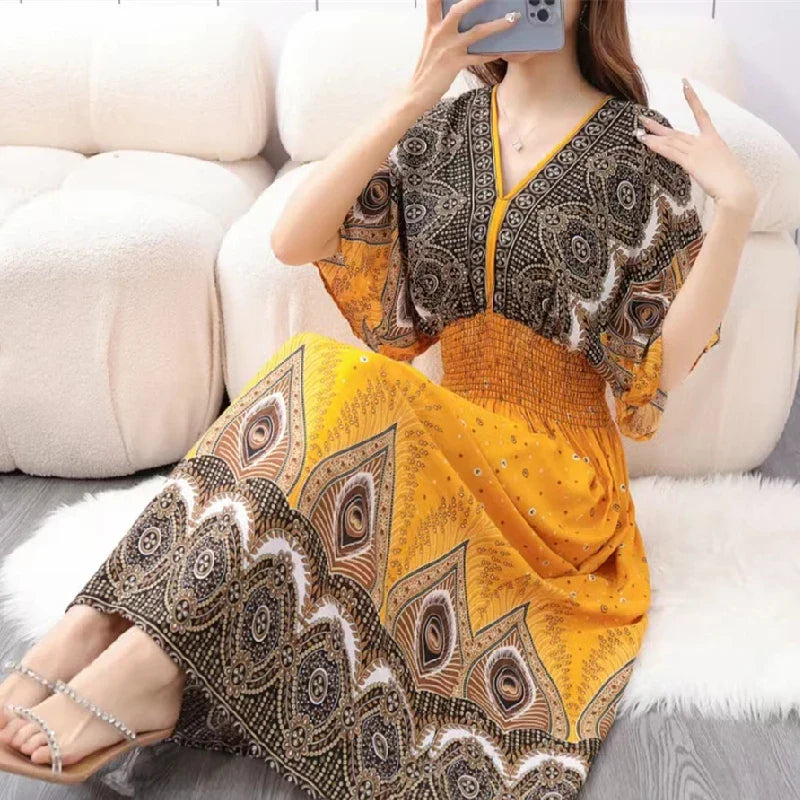 Flower V-neck Elastic Youthful Bohemian Sweet Midi Dress Woman Clothes Chic Fashion Summer Dresses 2025 Large Swing Ski