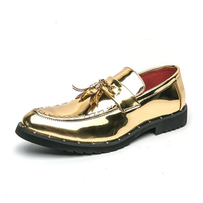 Sapatos Luxuosos de Couro Envernizado Dourado Masculino, Sapatos Oxford, Mocassim com Borla de Grife, Sapatos Sociais Formais Masculinos, Sapatos de Vestir de Moda, Negócios