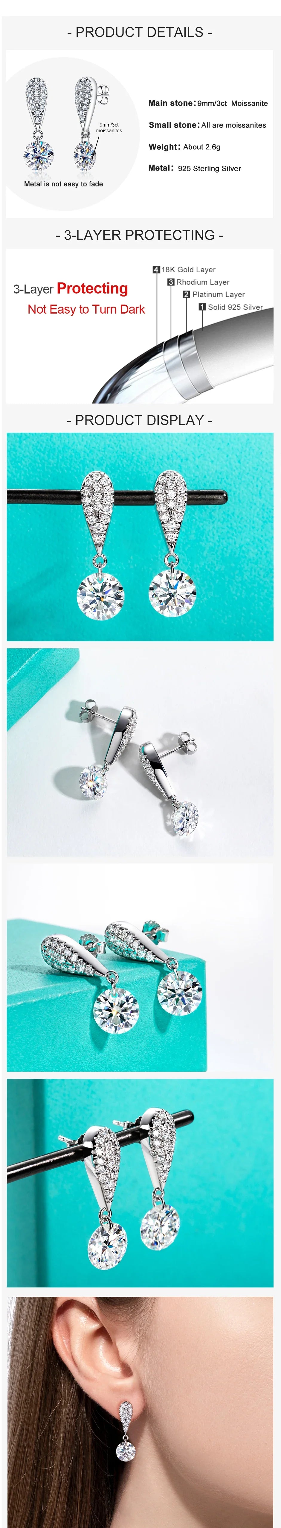 6cttw D Color Moissanite Drop Earrings 18K Gold Plated 925 Sterling Silver Luxurious Stud Earring Women Gifts Wholesale
