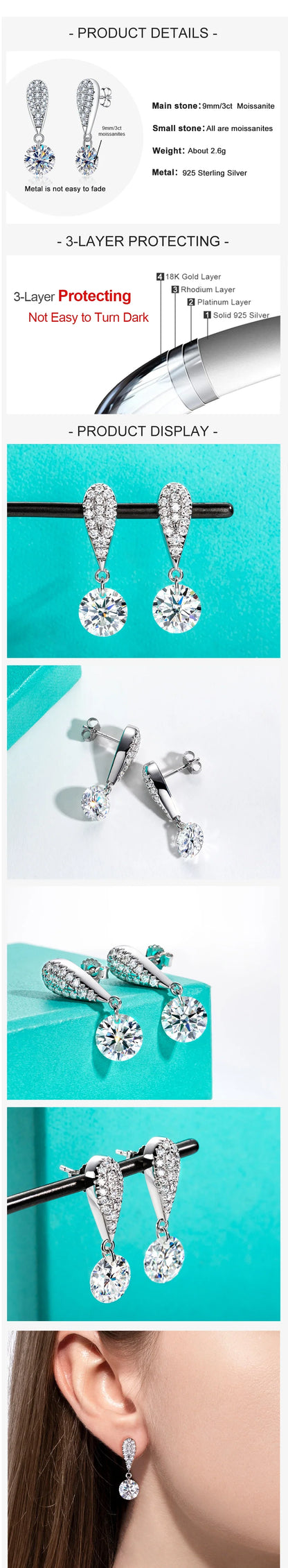 6cttw D Color Moissanite Drop Earrings 18K Gold Plated 925 Sterling Silver Luxurious Stud Earring Women Gifts Wholesale