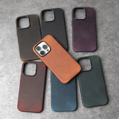 Genuine Leather Case for iPhone 17 16 15 Pro Max Magnetic PULL-UP Cowhide Phone Cover