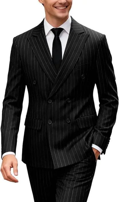 2pc Striped Double Breasted Men’s Suit Set(Jacket+Pants) Business Formal Man Suits Wedding Party Prom Dinner Work Travel Dinner