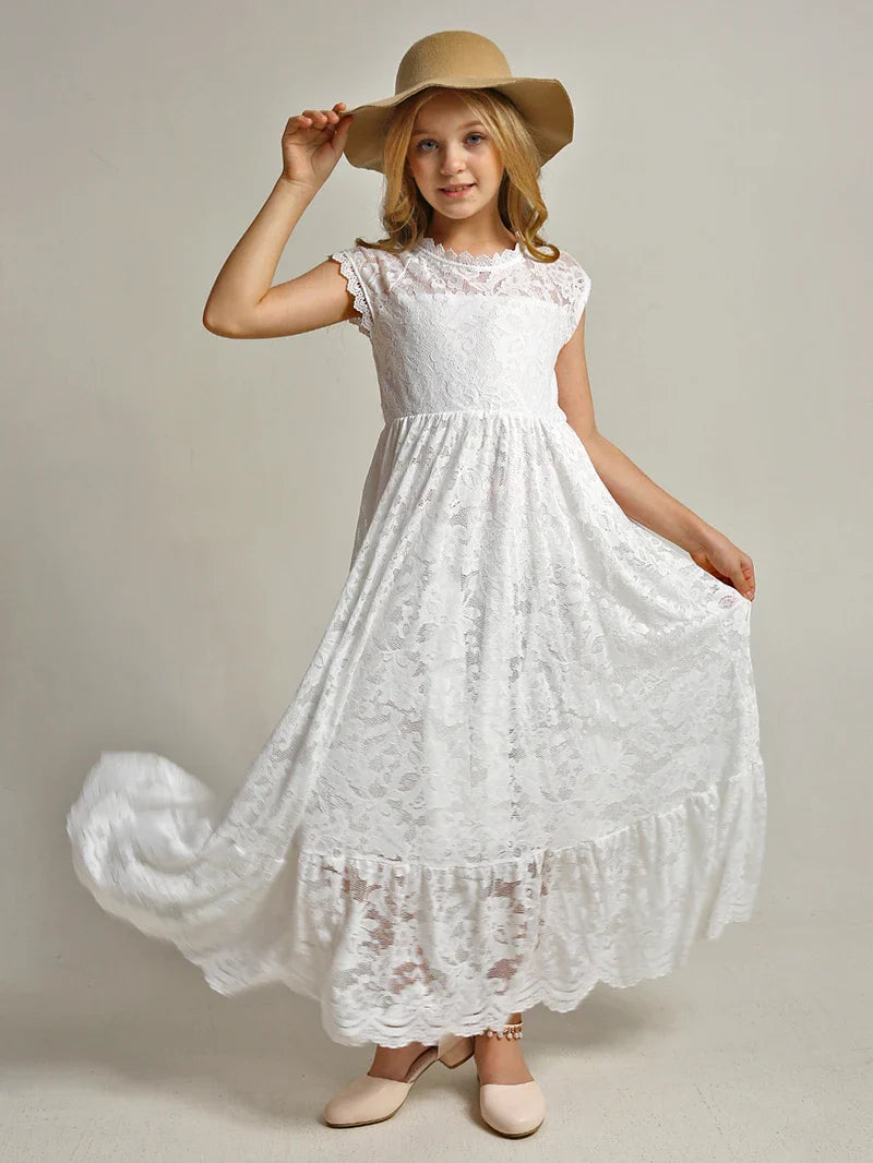 Princess Girls Lace Bohemia Long Dresses Baby Kids Flower Wedding Party Dress Cotton Lining Vestidos Costume Children Clothing