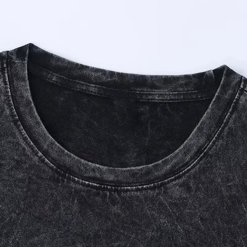 Short-Sleeved T-Shirt Retro Print Loose Fit Trendy Washed Cotton Tops for Men and Women