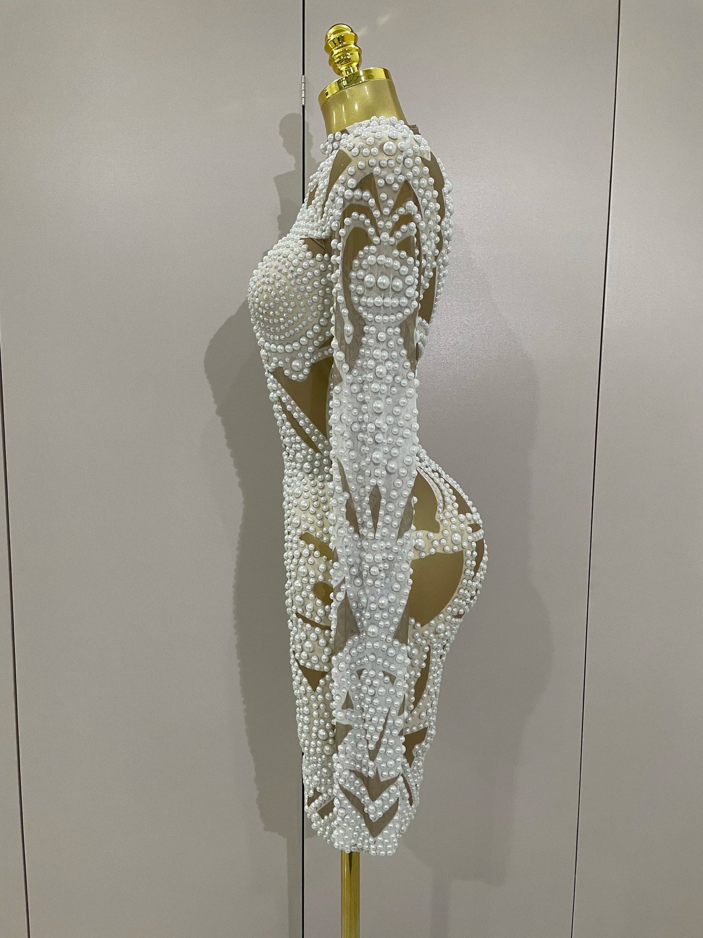 2025 New High-end Elegant Evening Gown AB Rhinestones Pearls Luxury Long Sleeves Mesh Dress Women Cocktail party Wedding Costume