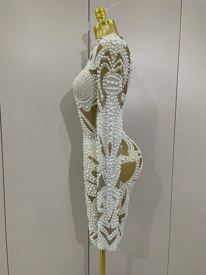 2025 New High-end Elegant Evening Gown AB Rhinestones Pearls Luxury Long Sleeves Mesh Dress Women Cocktail party Wedding Costume